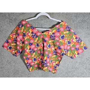 Vintage Nuovo Floral Crop Top Womens Size Small Orange Pink Purple Short Sleeve